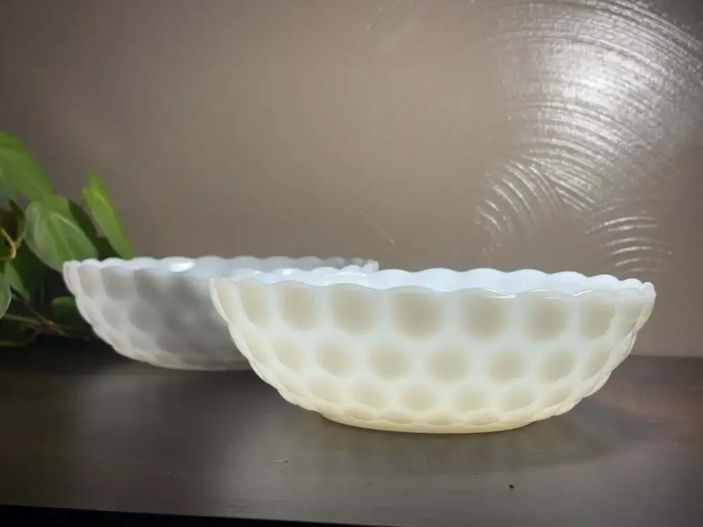 Vintage Anchor Hocking White Milk Glass Bubble Pattern Bowls, Set of 2